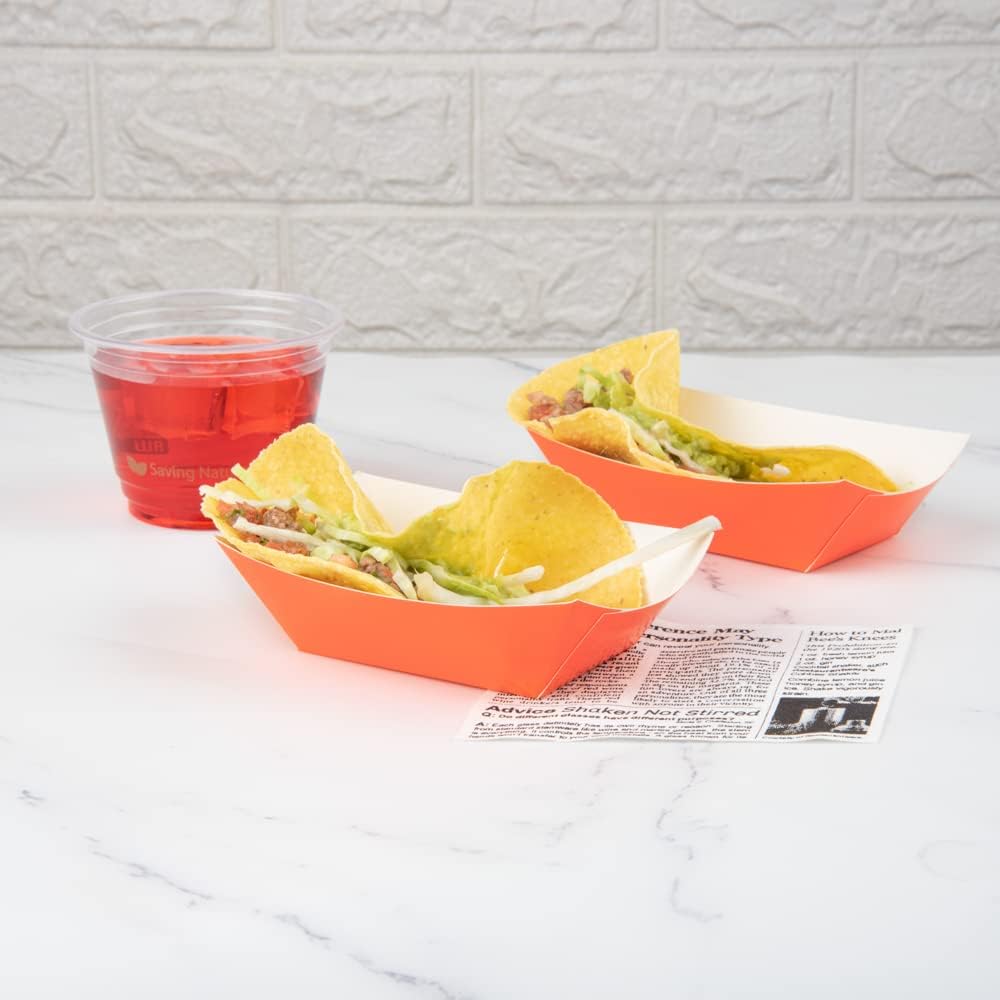 Restaurantware Bio Tek 6 Ounce Boat Paper Boats 50 Disposable #40 Food Trays - PE Lining Durable Tangerine Paper Food Baskets For Concession Stands Picnics or Fairs Stackable