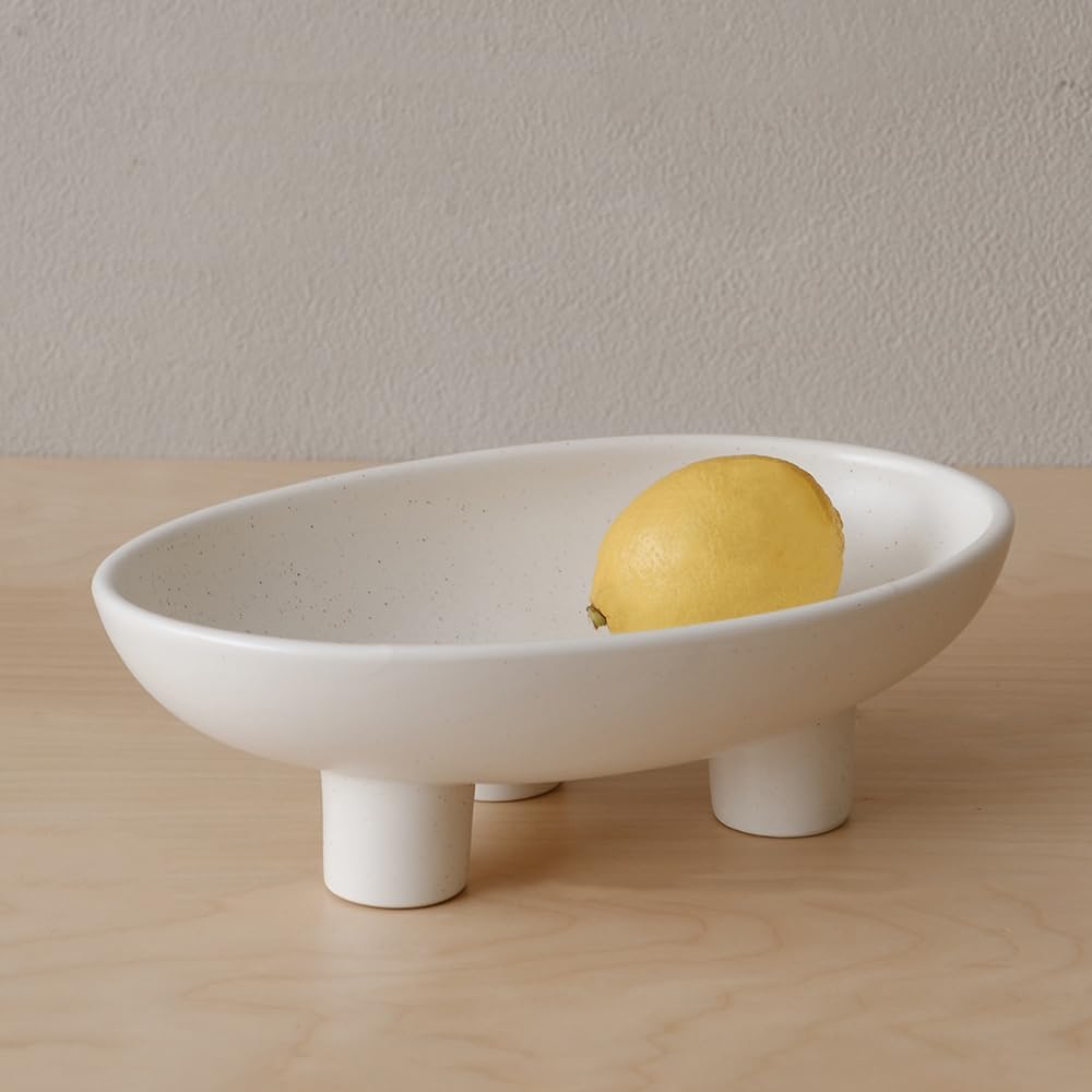 WENSHUO Three-Legs Ceramic Fruit Bowl for Kitchen Counter, Decorative Bowl for Table Décor, 10-inch Oval Large Bowls for Breads (Nacre White)