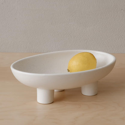 WENSHUO Three-Legs Ceramic Fruit Bowl for Kitchen Counter, Decorative Bowl for Table Décor, 10-inch Oval Large Bowls for Breads (Nacre White)