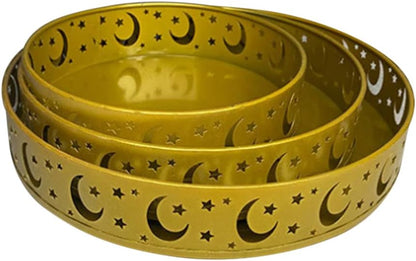 3PCS Ramadan Decoration Ramadan Trays, Ramadan Decor Metal Moon Ramadan Tray Set Eid Mubarak Plates Food Storage Containers Round Dinner Plate for Eid and Eid Al-adha Ramadan Activity Party Favor