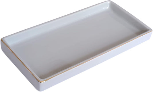 10 x 5 Ceramic Bathroom Tray for Countertop, Decorative Vanity Tray for Dresser Tops, Small Rectangular Trays for Perfume, Candle, Jewelry, Cosmetics (Gray)
