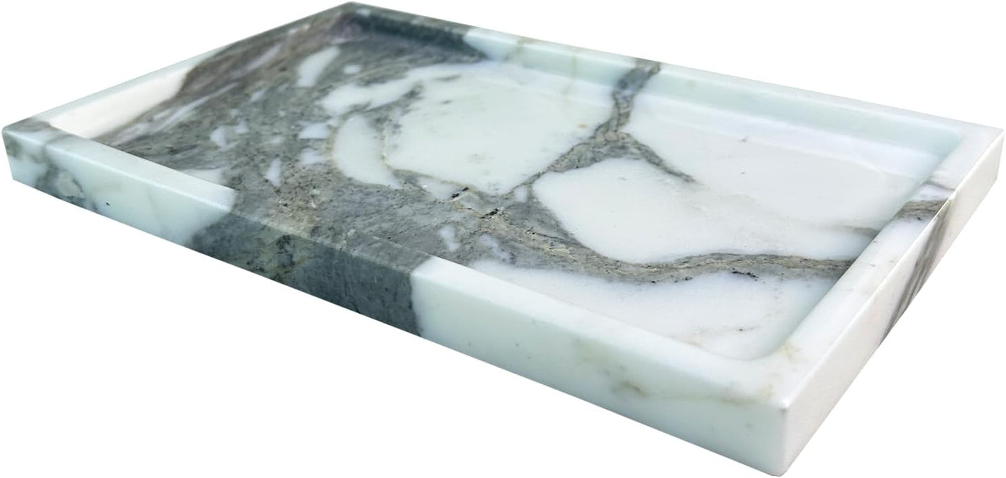 Natural White Marble Vanity Tray, 9.8"x5.9" Genuine Marble Stone Tray for Bathroom/Kitchen/Dresser (Arabescato)