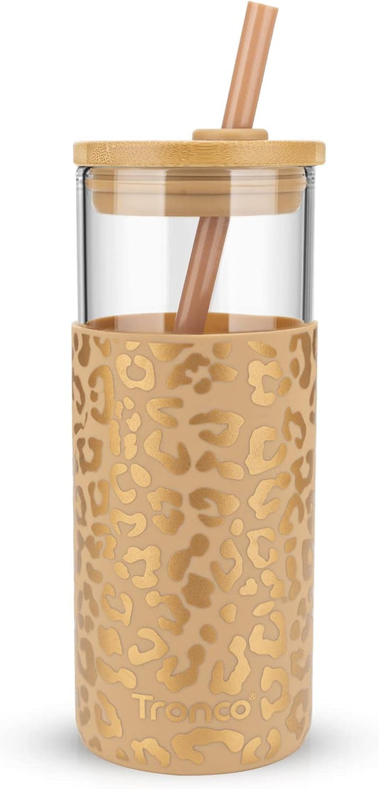 Tronco 20 oz Glass Tumbler with Lid and Straw, Iced Coffee Cup and Smoothie Cup with Bamboo Lids & Protective Silicone Sleeve, Dishwasher Safe, BPA-Free, Glass Cup 1 Pack