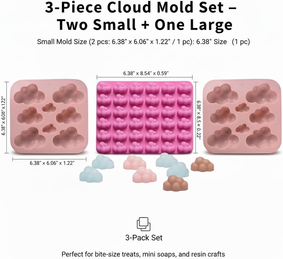 3D Cloud Shape Silicone Molds, 3-Pack Non-Stick Flexible Trays for Baking, Ice Cubes, Chocolate, Candies, Soap, Resin & Crafts