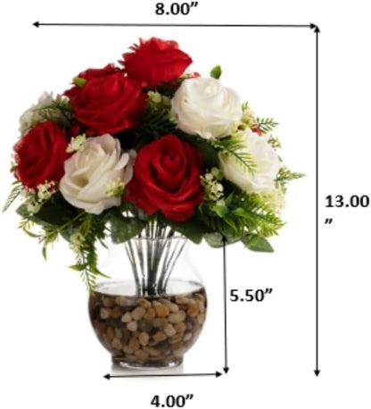 ENOVA FLORAL 18 Heads Silk Rose Artificial Flowers in Vase,Faux Rose Flowers Arrangement in Round Bowl Vase with Faux Water and River Rock for Table Decor Centerpieces (Cream Red)