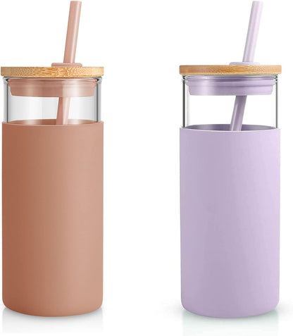 Tronco 20 oz Glass Tumbler with Lid and Straw, Iced Coffee Cup and Smoothie Cup with Bamboo Lids & Protective Silicone Sleeve, Dishwasher Safe, BPA-Free, Glass Cup 2 Pack