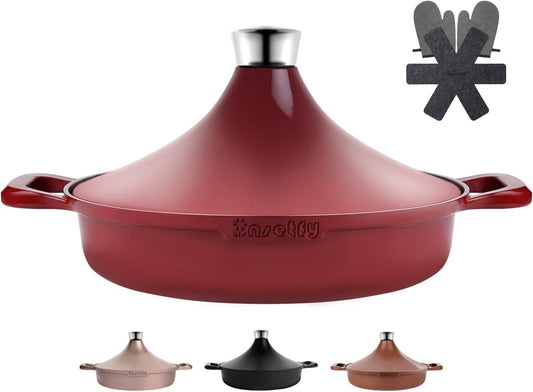 Non-Stick Frying Pan/Skillet 11", 3QT Tagine Pan,Cast Aluminum Pans with Lid, Stove/Oven-to-Table Cookware, Dishwasher Safe& Compatible with All Stovetops（Red）