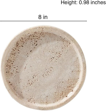 Travertine Tray, Small Ceramic Vanity Tray for Bathroom Counter Decor, Round Marble Decorative Trays for Coffee Table (Beige, Medium Size)