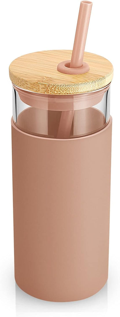 Tronco 20 oz Glass Tumbler with Lid and Straw, Iced Coffee Cup and Smoothie Cup with Bamboo Lids & Protective Silicone Sleeve, Dishwasher Safe, BPA-Free, Glass Cup 2 Pack