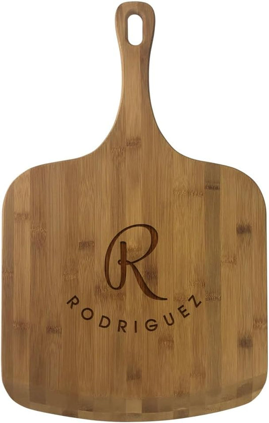 Personalized Bamboo Pizza Peel, Initial and name on curve, Measures 23 1/2" x 14 1/2" Engraved Pizza Board, Custom Pizzeria Decor