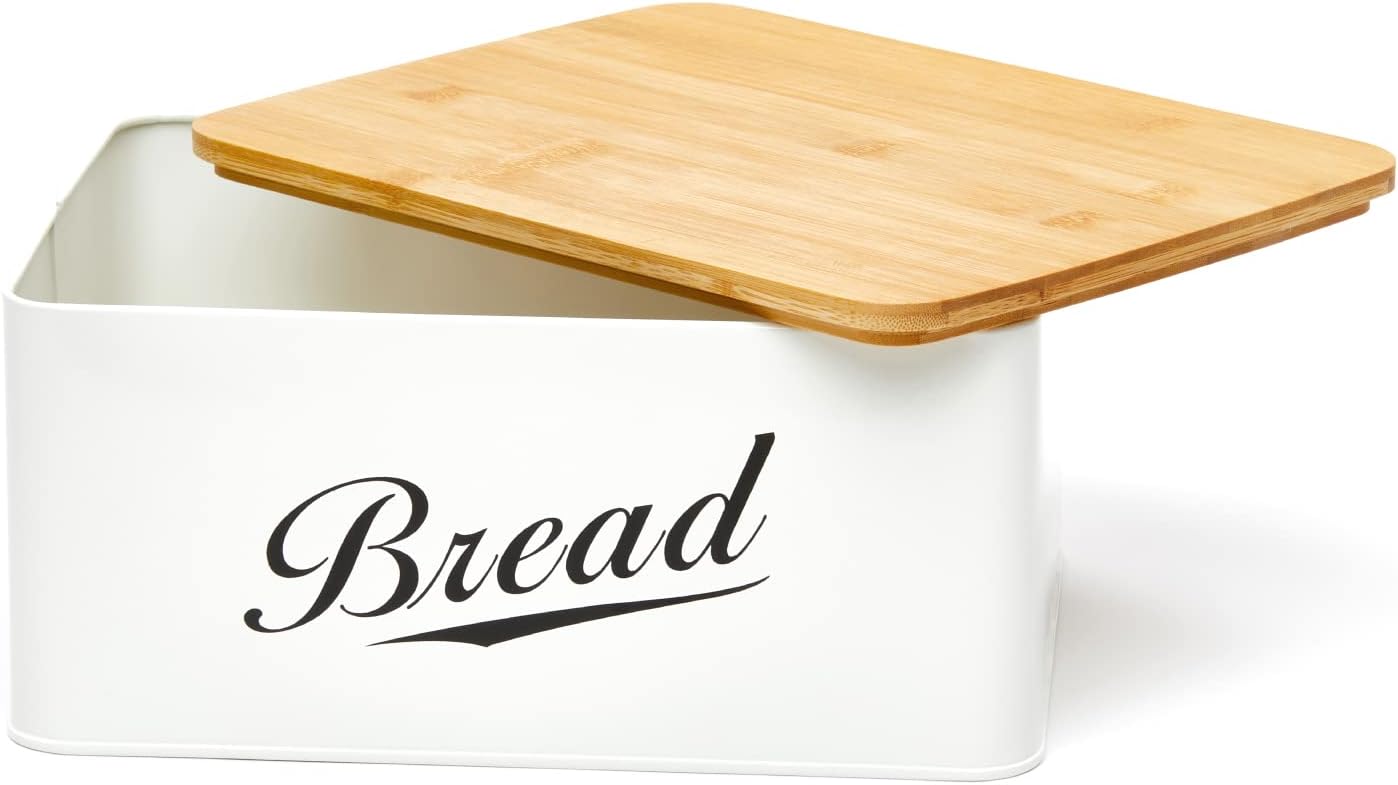 RoyalHouse Modern Metal Bread Box with Bamboo Cutting Board Lid, Bread Storage Container for Kitchen Counter, Vintage Kitchen Decor Organizer