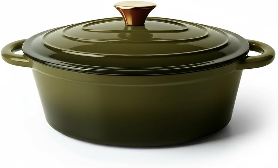 Oval Dutch Oven for Bread Baking, 4.5 Quart Non Stick Enameled Cast Iron Dutch Oven Pot with Lid, Oven Safe Oval Casserole with Lid up to 500°F for Baking, Braising, Stews, Roasting, Golden Green