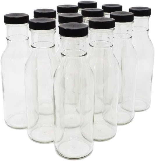 nicebottles Clear Glass Beverage/Sauce Bottles, 12 Oz, Black Caps - 4 Cases of 12 units, 48 Total