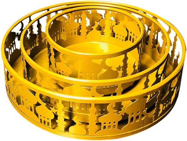 3PCS Ramadan Decoration Ramadan Trays, Ramadan Decor Metal Moon Ramadan Tray Set Eid Mubarak Plates Food Storage Containers Round Dinner Plate for Eid and Eid Al-adha Ramadan Activity Party Favor