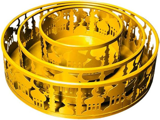 3PCS Ramadan Decoration Ramadan Trays, Ramadan Decor Metal Moon Ramadan Tray Set Eid Mubarak Plates Food Storage Containers Round Dinner Plate for Eid and Eid Al-adha Ramadan Activity Party Favor