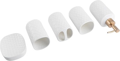 Wakauto Ceramic Bathroom Washing Accessory Set White Including Soap Plate Lotion Container Toothbrush Cup for Bathroom Organization and Space Saving