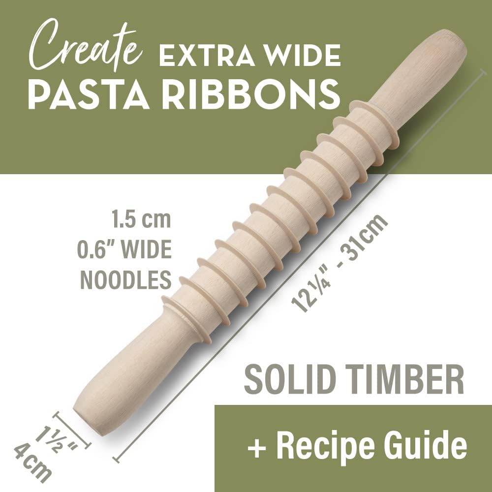 Wooden Pasta Cutter Pappardelle Pasta Maker Rolling Pin Made in Italy with Pasta Recipes
