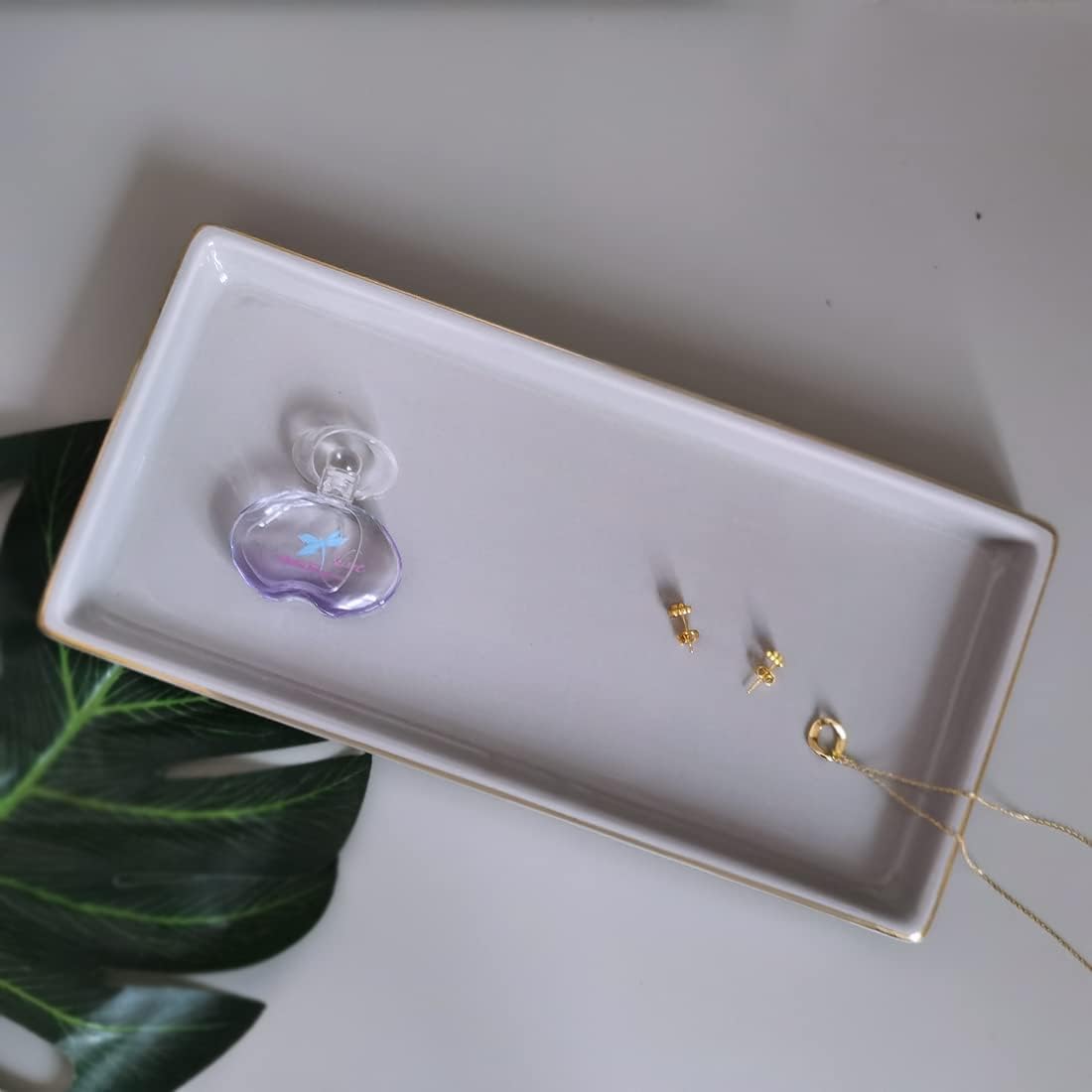 10 x 5 Ceramic Bathroom Tray for Countertop, Decorative Vanity Tray for Dresser Tops, Small Rectangular Trays for Perfume, Candle, Jewelry, Cosmetics (Gray)