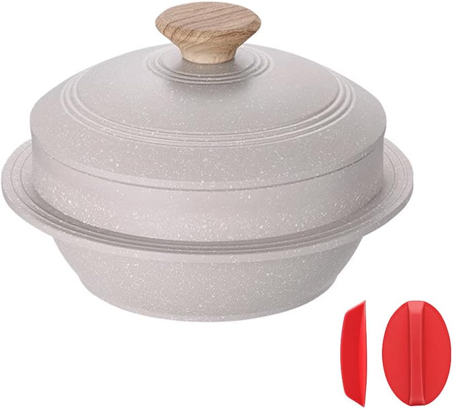 Korean Dutch Oven, Rice Pot, 7.9 in Enameled Cast Aluminum Pot with Lid, Korean Stone Bowl for Induction, White