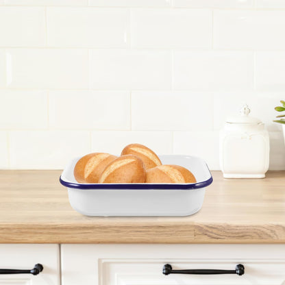 PRETYZOOM Enamel Baking Pan Small Enameled Bakeware Tray for Bread and Food Storage 8.66X6.29X2.16 Inch Blue Rim Heat-Resistant Loaf Pan