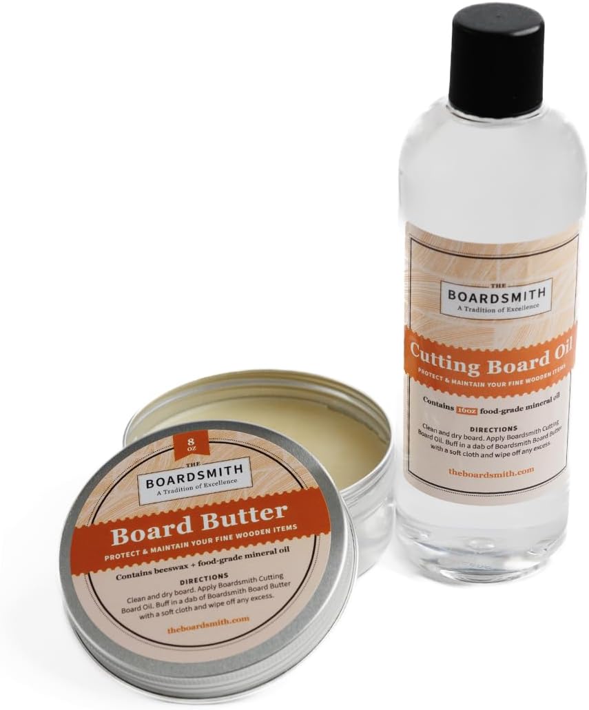 The Boardsmith Cutting Board Oil and Board Butter Set - Premium Food Grade Mineral Oil and Beeswax Cutting Board Wax - Large