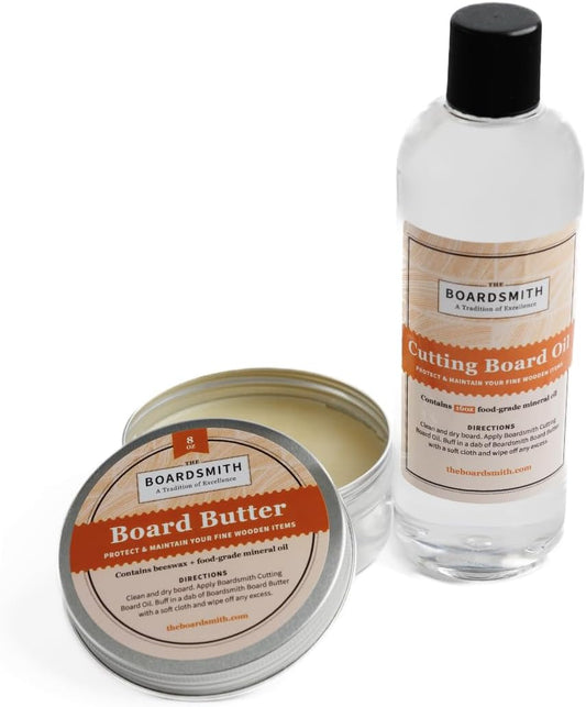 The Boardsmith Cutting Board Oil and Board Butter Set - Premium Food Grade Mineral Oil and Beeswax Cutting Board Wax - Large