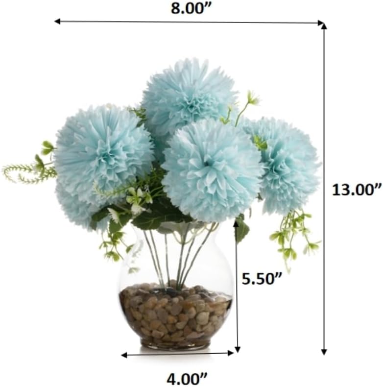 ENOVA FLORAL 7 Heads Silk Marigold Artificial Flowers in Vase,Faux Marigold Flowers Arrangement in Round Bowl Vase with Faux Water and River Rock for Table Decor Centerpieces (Marigold-Aqua)