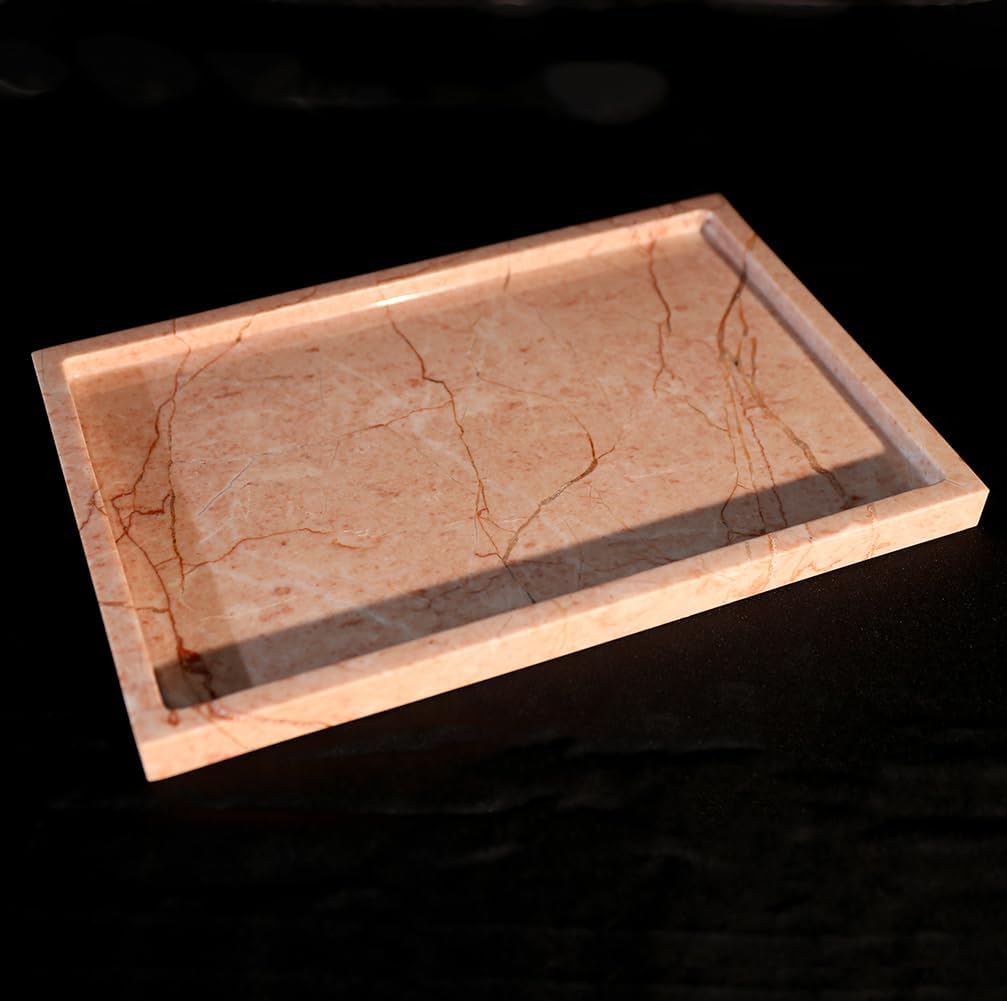 Real Luxurious Natural Marble Vanity Tray Genuine Marble Storage Tray for Home Decor Stone Tray for Bathroom/Kitchen/Vanity/Dresser Non-Resin/Non-Ceramic/Cream Rose
