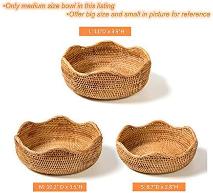 Handmade Rattan Round Fruit Basket Food Storage Bowls Kitchen Organizer Snack Serving Bowl Wavy Edge Circle Tray Basket, Boho Home Décor Display Tray for Table, Dining Room (Medium 10.2")