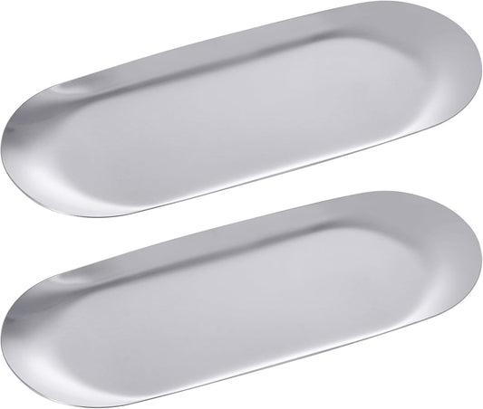 IBWell 2 pcs Silver Decorative Serving Tray for Bathroom, Small Jewelry Tray, Long Tray, Silver Jewelry Tray, Jewelry Bowl Dish Decorative Bathroom Tray – 8.9”