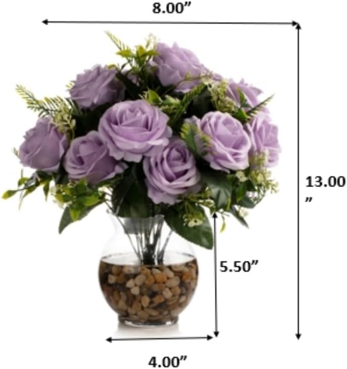 ENOVA FLORAL 18 Heads Silk Rose Artificial Flowers in Vase,Faux Rose Flowers Arrangement in Round Bowl Vase with Faux Water and River Rock for Table Decor Centerpieces (Lavender Purple)