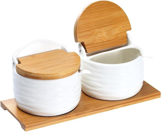 Ceramic Sugar Bowl with Bamboo Lids and Spoons Serving Tray, Porcelain Sugar Container for Sugar Tea Coffee Spice,Salt Condiment with Chalkboard Labels for Home Kitchen,9.1 fl oz 270 ML