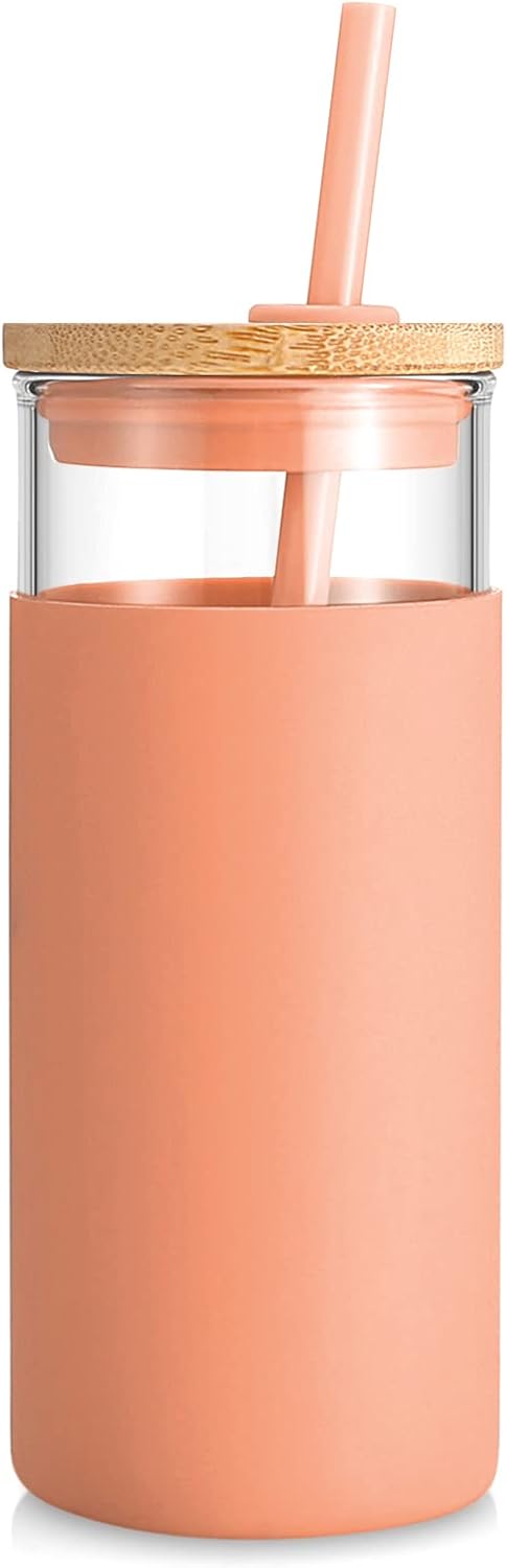 Tronco 20 oz Glass Tumbler with Lid and Straw, Iced Coffee Cup and Smoothie Cup with Bamboo Lids & Protective Silicone Sleeve, Dishwasher Safe, BPA-Free, Glass Cup 1 Pack