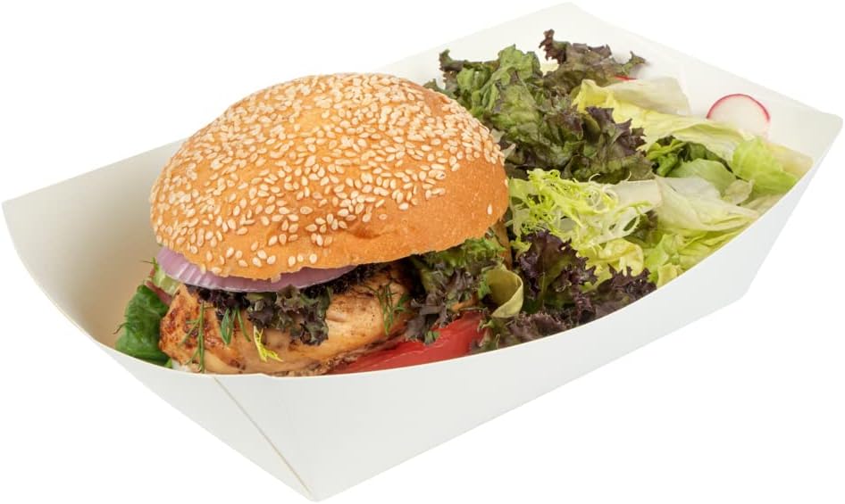 Restaurantware Bio Tek 2 Pound Food Boats 50 Disposable Paper Food Trays - Heavy-Duty Greaseproof White Paper Boats For Snacks Appetizers Or Treats Use At Parties Or Carnivals