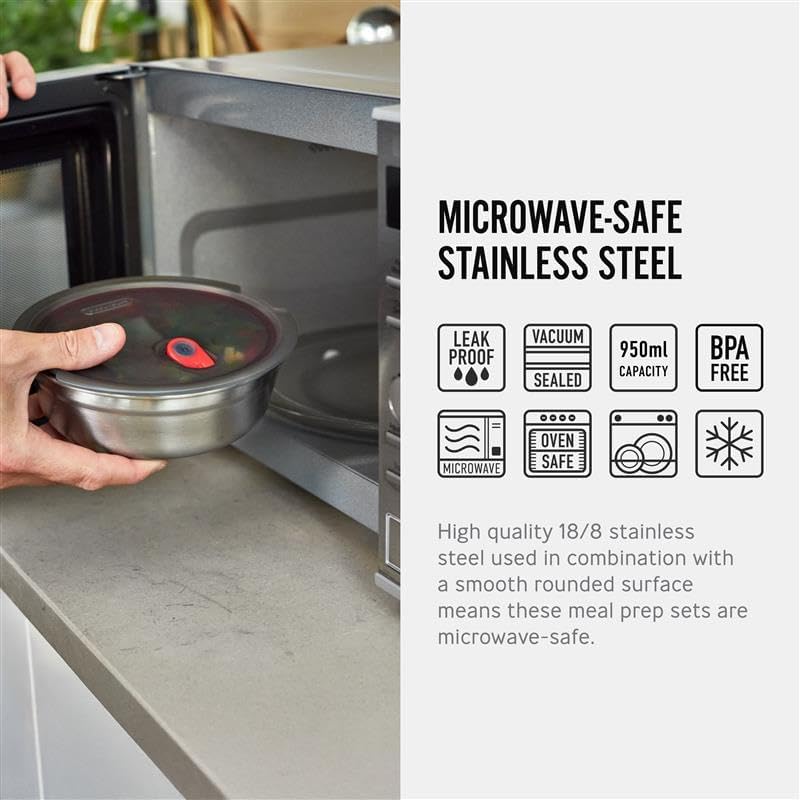 BLACK + BLUM Lunch Bowl - Reusable Meal Prep Containers for Picnic & Camping - Microwavable Stainless Steel Lunch & Dinner Food Storage Box with Leak Proof Lid - Dishwasher & Oven Safe - Medium 32oz