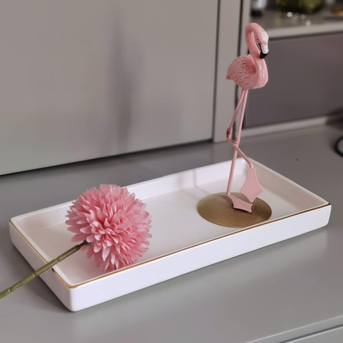 10 x 5 Ceramic Bathroom Tray for Countertop, Decorative Vanity Tray for Dresser Tops, Small Rectangular Trays for Perfume, Candle, Jewelry, Cosmetics (White)