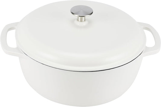 Amazon Basics Cast Iron Dutch Oven Pot with Lid, Enameled, Round, Dual Handles, Heavy-Duty, Large, 7.3-Quart, Matte White