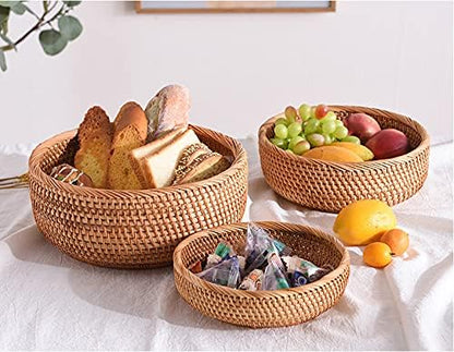 YANGQIHOME Natural Rattan Round Fruit Basket Bowls, Handwoven Storage Serving Baskets, Wicker Organizer for Dinning Room (Set of 3)