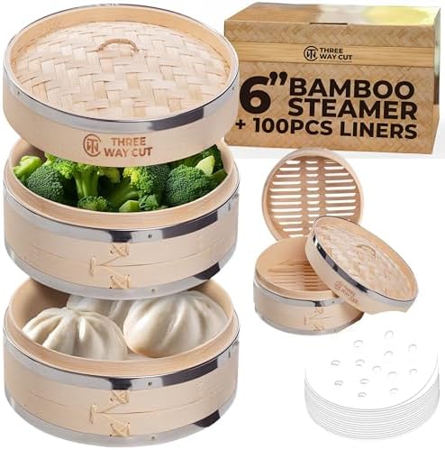 6 inch Dumpling Bamboo Steamer 2 Tier (Steel Reinforced) W/ 100PCS Liners - 2 Bamboo Steamer Basket & Lid, Dumpling Steamers For Food Cooking Steaming Bao Bun, Dim Sum Chinese Asian & Vegetables
