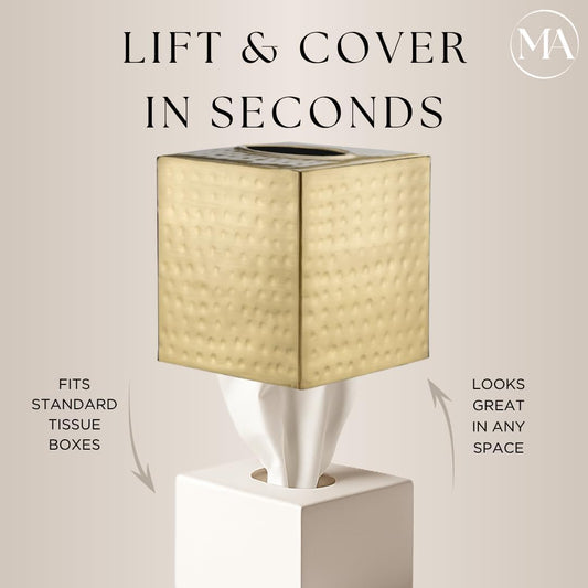 Monarch Abode Tissue Box Cover Square – Hand Hammered Brushed Gold Metal Tissue Holder Box for Bathroom Accessory, Aesthetic Decorative Facial Napkin Cube for Modern Home Decor