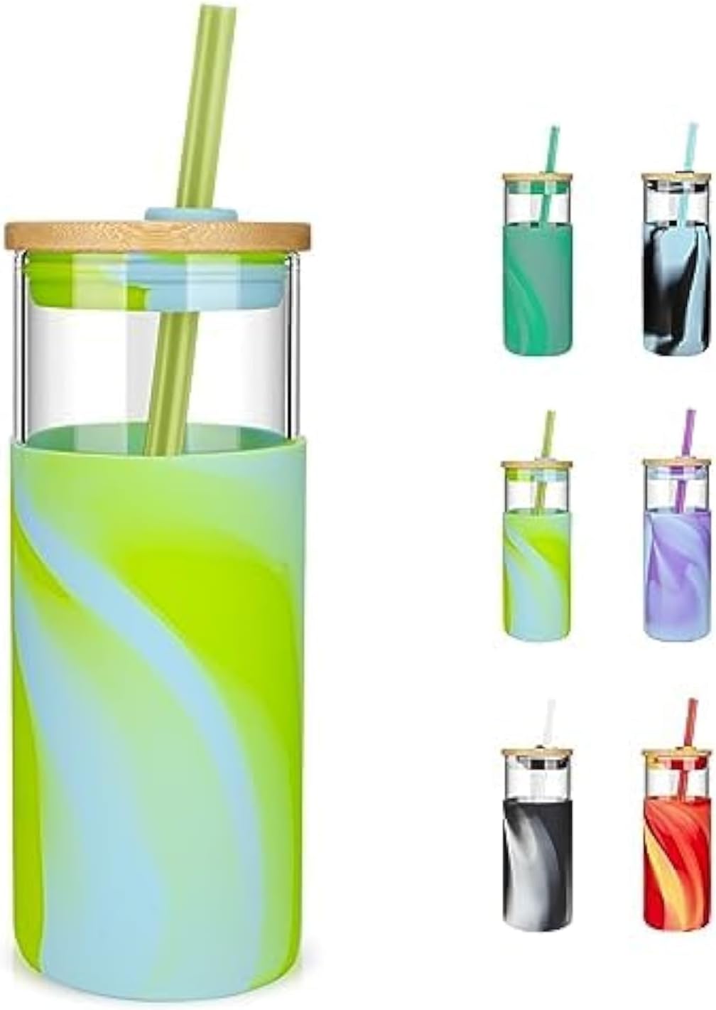 Tronco 20 oz Glass Tumbler with Lid and Straw, Iced Coffee Cup and Smoothie Cup with Bamboo Lids & Protective Silicone Sleeve, Dishwasher Safe, BPA-Free, Glass Cup 1 Pack