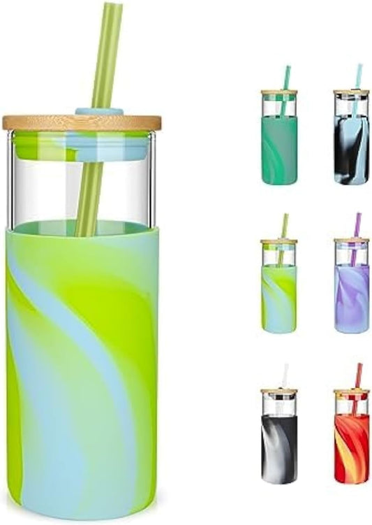 Tronco 20 oz Glass Tumbler with Lid and Straw, Iced Coffee Cup and Smoothie Cup with Bamboo Lids & Protective Silicone Sleeve, Dishwasher Safe, BPA-Free, Glass Cup 1 Pack