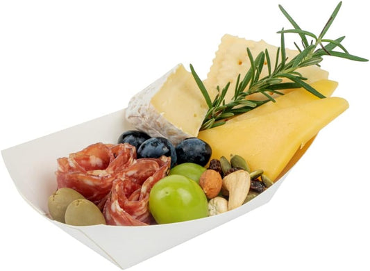 Restaurantware Bio Tek 6 Ounce Boat Paper Boats 50 Disposable #40 Food Trays - PE Lining Durable White Paper Food Baskets For Concession Stands Picnics or Fairs Stackable