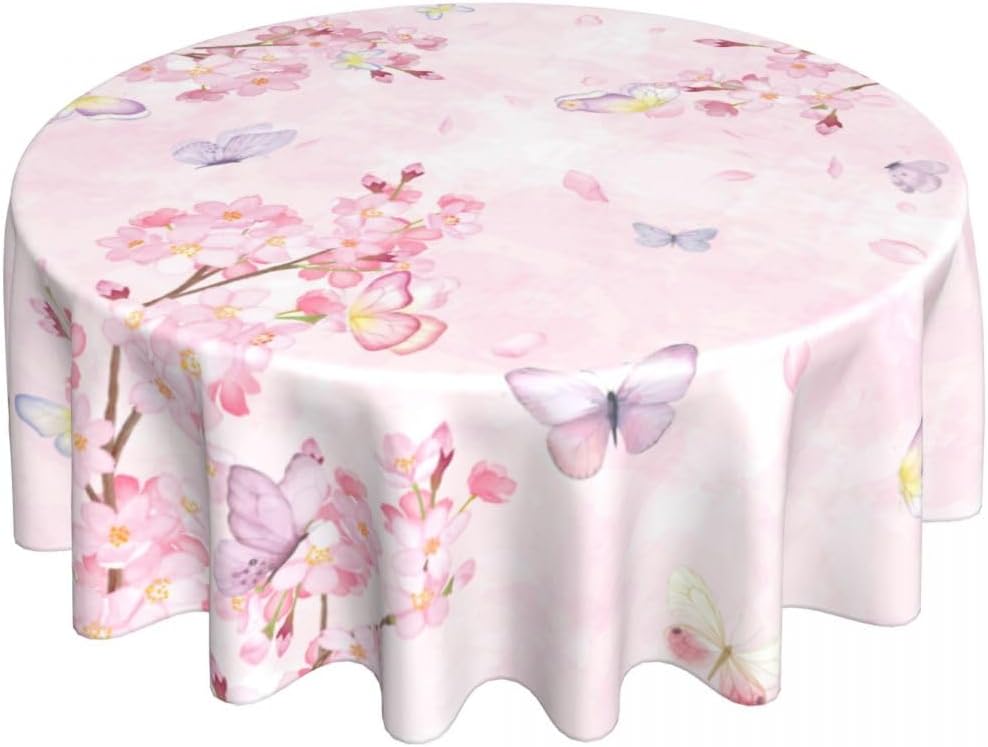 Cherry Blossom Tablecloth, Watercolor Pink Floral Butterfly Seasonal Farmhouse Water Resisitant Wipeable Table Cover for Dining Kitchen Living Room Home Party Holiday Decor 60 inch Round
