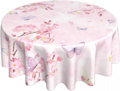 Cherry Blossom Tablecloth, Watercolor Pink Floral Butterfly Seasonal Farmhouse Water Resisitant Wipeable Table Cover for Dining Kitchen Living Room Home Party Holiday Decor 60 inch Round