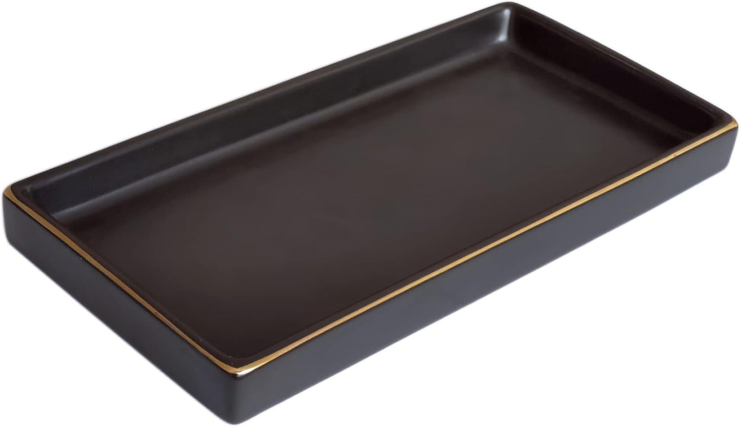 10 x 5 Ceramic Bathroom Tray for Countertop, Decorative Vanity Tray for Dresser Tops, Small Rectangular Trays for Perfume, Candle, Jewelry, Cosmetics (Black)