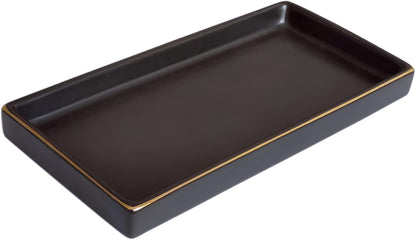 10 x 5 Ceramic Bathroom Tray for Countertop, Decorative Vanity Tray for Dresser Tops, Small Rectangular Trays for Perfume, Candle, Jewelry, Cosmetics (Black)