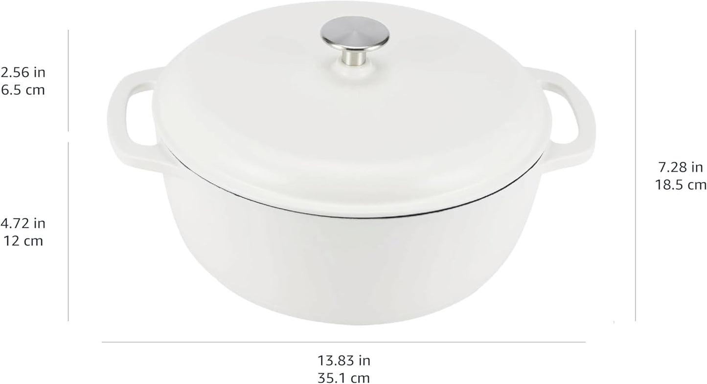 Amazon Basics Cast Iron Dutch Oven Pot with Lid, Enameled, Round, Dual Handles, Heavy-Duty, Medium, 6-Quart, Matte White