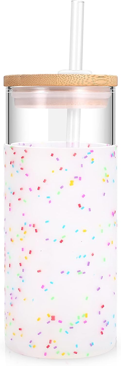 Tronco 20 oz Glass Tumbler with Lid and Straw, Iced Coffee Cup and Smoothie Cup with Bamboo Lids & Protective Silicone Sleeve, Dishwasher Safe, BPA-Free, Glass Cup 1 Pack