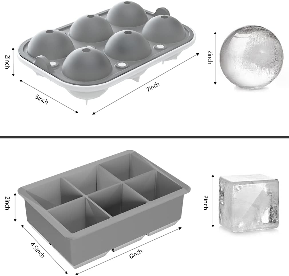 ROTTAY Ice Cube Trays (Set of 2), Sphere Ice Ball Maker with Lid & Large Square Ice Cube Maker for Whiskey, Cocktails and Homemade, Keep Drinks Chilled, Grey